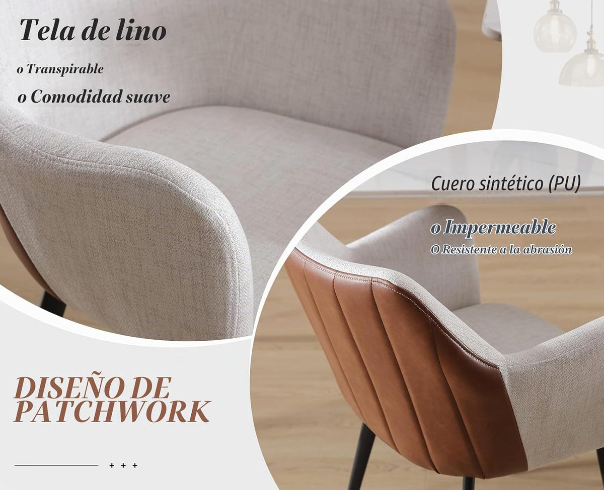 Chairus Juego De 2 Sillas De Comedor Cuero PU Y Lino Silla Para Cocina Con Brazos, Sillas Modernas Con Patas De Metal Para Salón/Restaurante, Beige