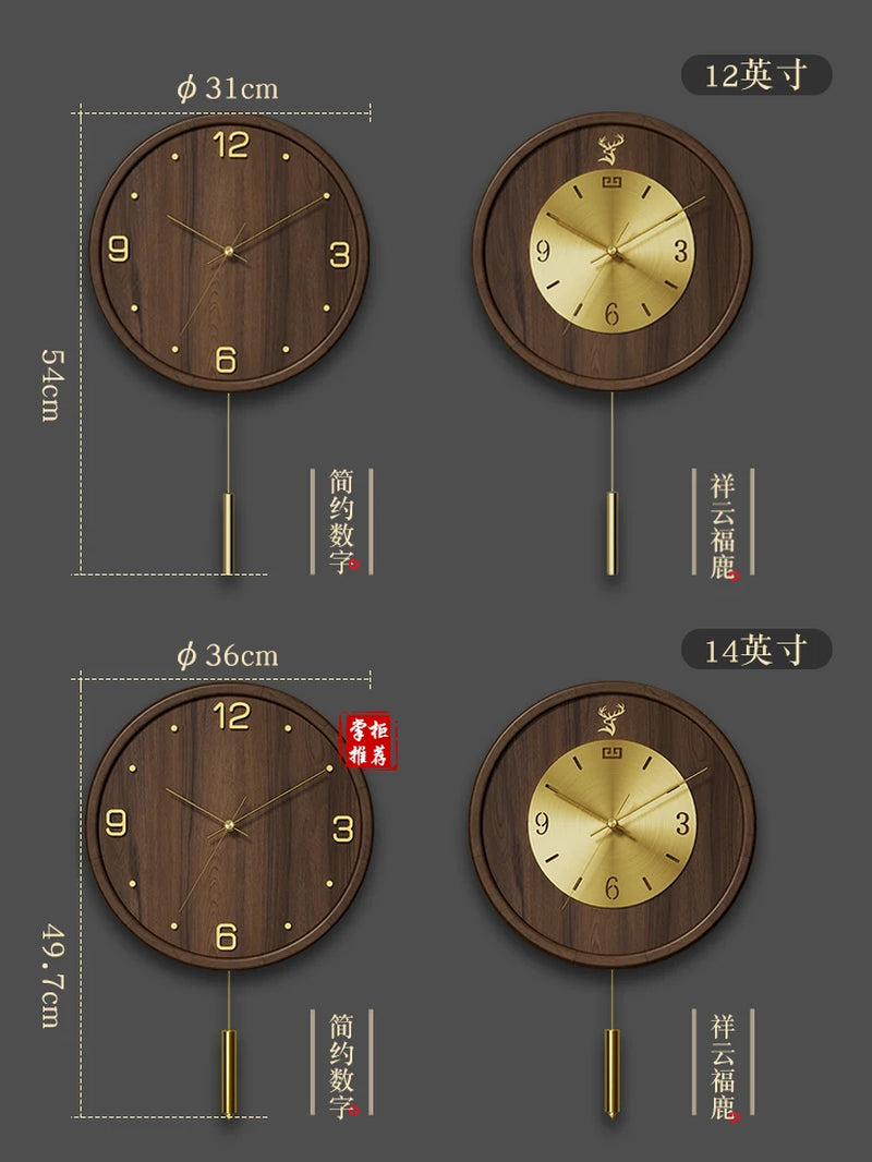 Living Room Household Fashion Simple New Chinese Solid Wood Pure Copper Wall Clock Decorative Clock Wall Clocks