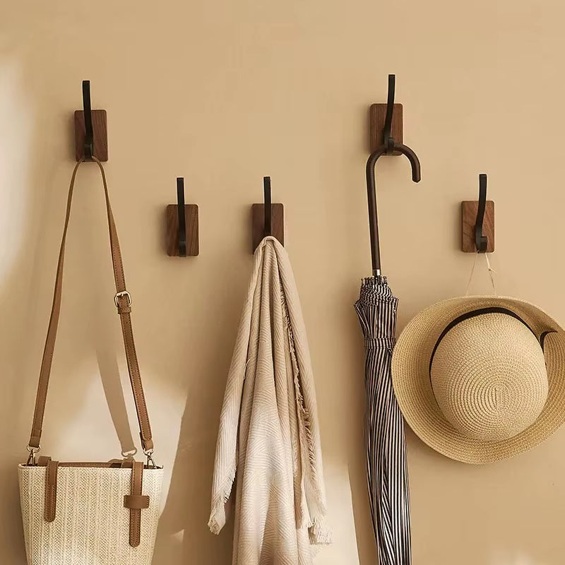 Self-Adhesive New Simple Solid Wood Hook Walnut Hanging Hanger Bathroom Wall Hook Bedroom Coat Storage Rack Home Towel Key Decor