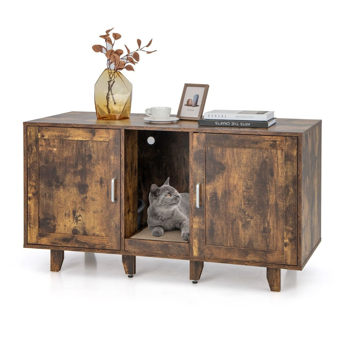 Mueble Para Gatos Con Baño Oculto Tablero Rascador Y Patas De Madera Extraíbles 120 X 52 X 65 Cm