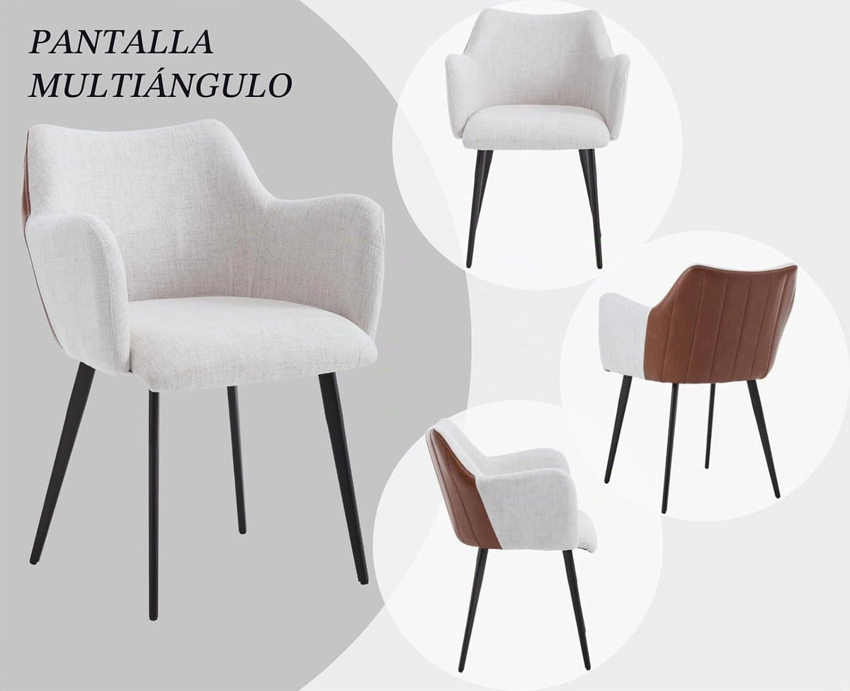 Chairus Juego De 2 Sillas De Comedor Cuero PU Y Lino Silla Para Cocina Con Brazos, Sillas Modernas Con Patas De Metal Para Salón/Restaurante, Beige
