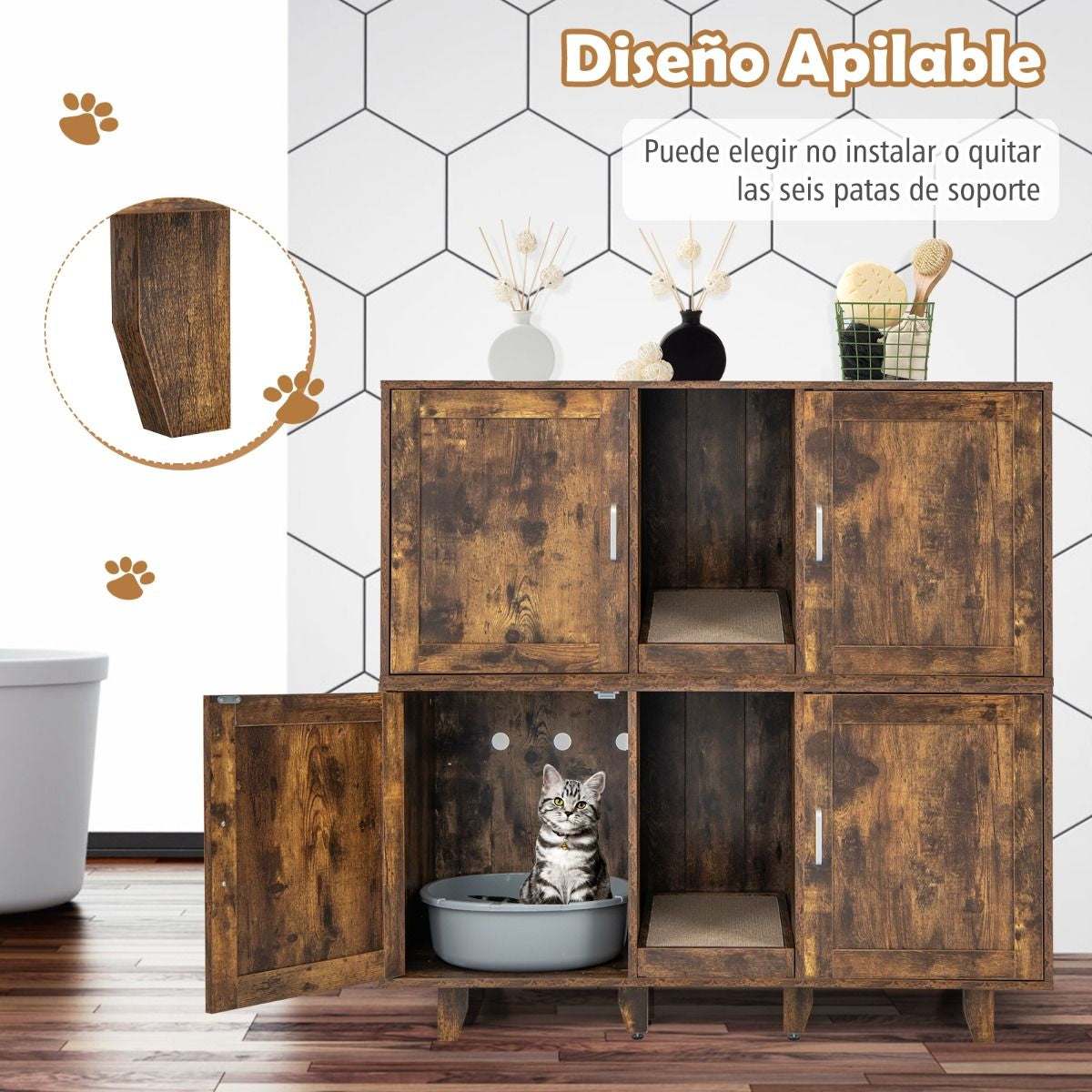 Mueble Para Gatos Con Baño Oculto Tablero Rascador Y Patas De Madera Extraíbles 120 X 52 X 65 Cm