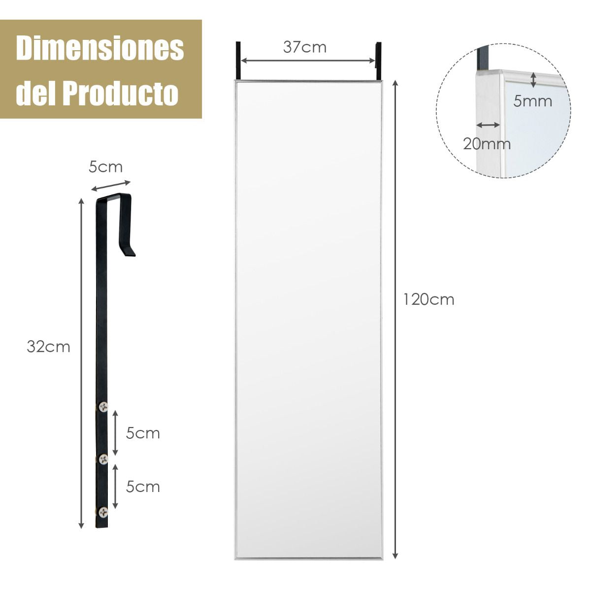 Espejo Colgante a La Puerta De Pared Marco De Aleación De Aluminio Cristal Irrompible 120 X 37 Cm Plateado
