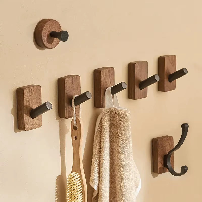 Self-Adhesive New Simple Solid Wood Hook Walnut Hanging Hanger Bathroom Wall Hook Bedroom Coat Storage Rack Home Towel Key Decor