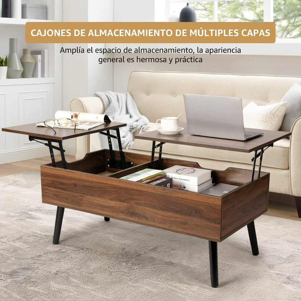 LoraMia Mesa De Centro Elevable Doble en Nogal