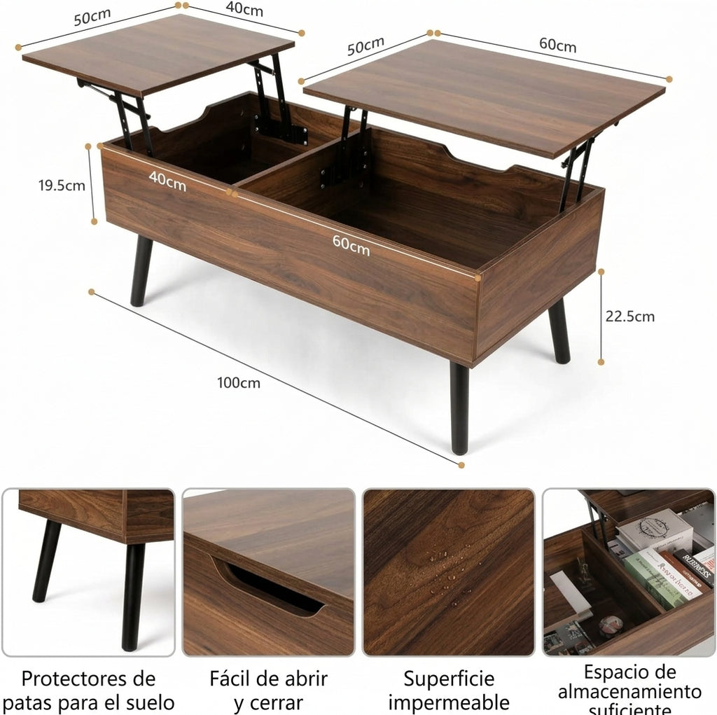 LoraMia Mesa De Centro Elevable Doble en Nogal