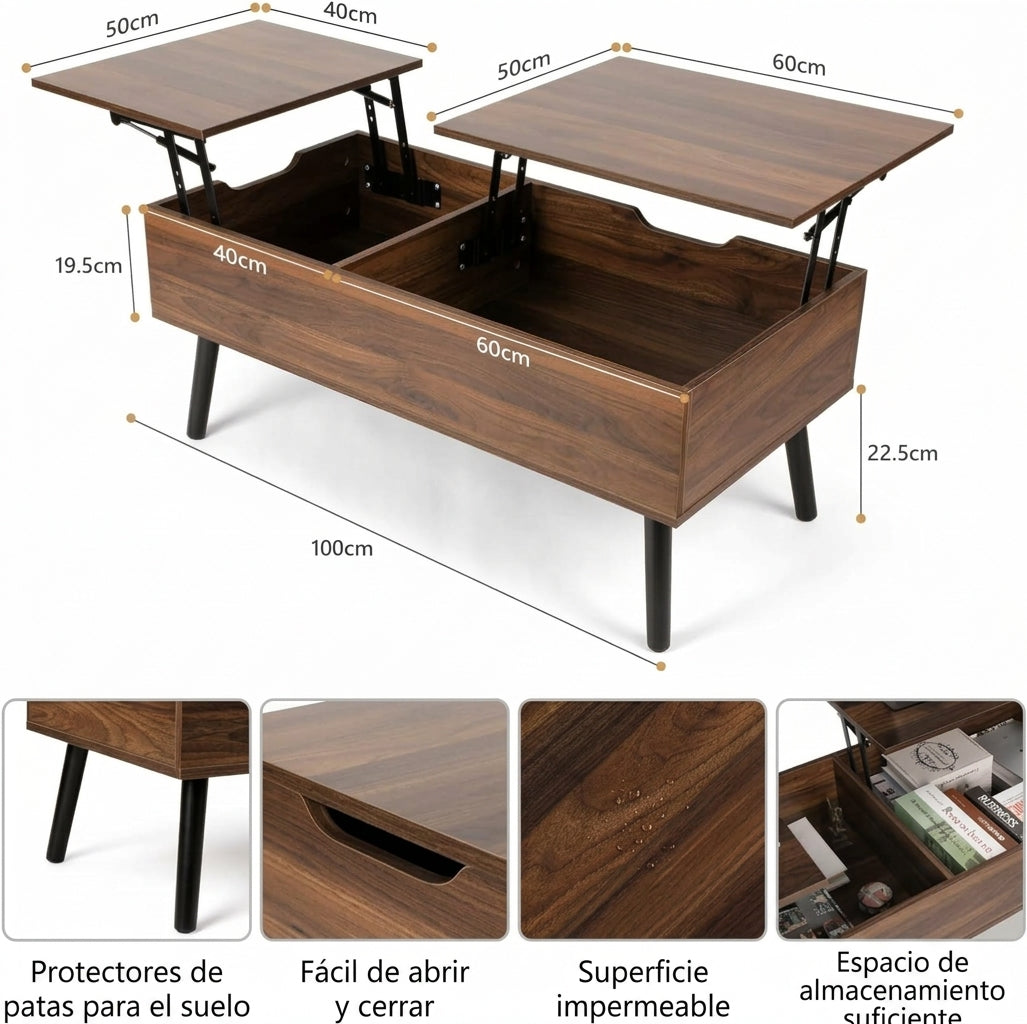LoraMia Mesa De Centro Elevable Doble en Nogal