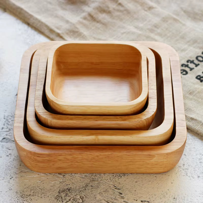 1Pc Square Wood Bowl 4 Size Fruit Salad Bowl Large Small Wooden Plate Snack Dessert Serving Dishes Food Container Wood Tableware