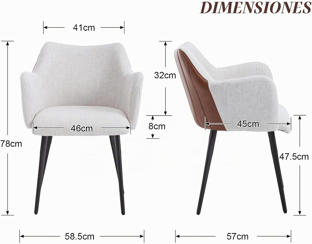 Chairus Juego De 2 Sillas De Comedor Cuero PU Y Lino Silla Para Cocina Con Brazos, Sillas Modernas Con Patas De Metal Para Salón/Restaurante, Beige