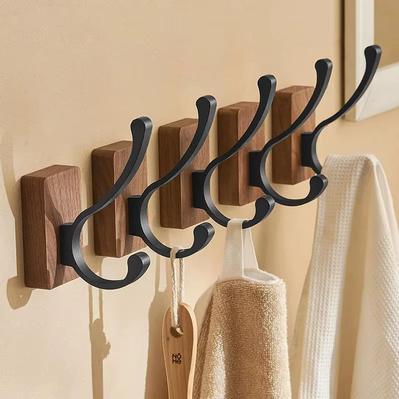 Self-Adhesive New Simple Solid Wood Hook Walnut Hanging Hanger Bathroom Wall Hook Bedroom Coat Storage Rack Home Towel Key Decor