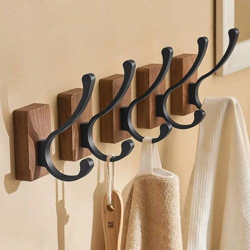 Self-Adhesive New Simple Solid Wood Hook Walnut Hanging Hanger Bathroom Wall Hook Bedroom Coat Storage Rack Home Towel Key Decor