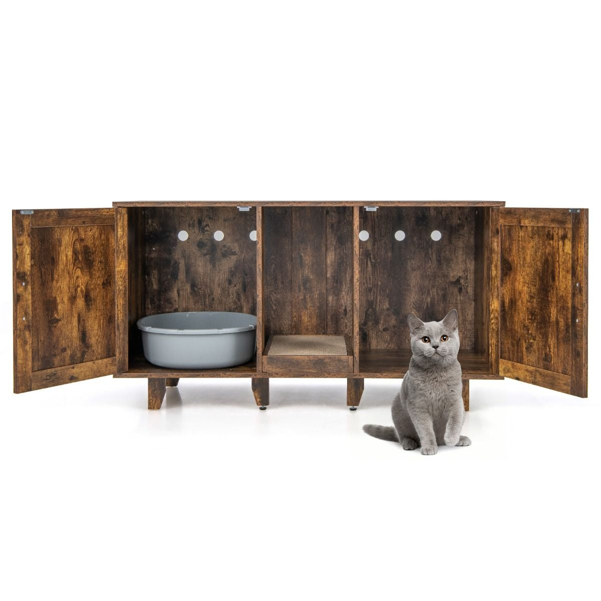 Mueble Para Gatos Con Baño Oculto Tablero Rascador Y Patas De Madera Extraíbles 120 X 52 X 65 Cm